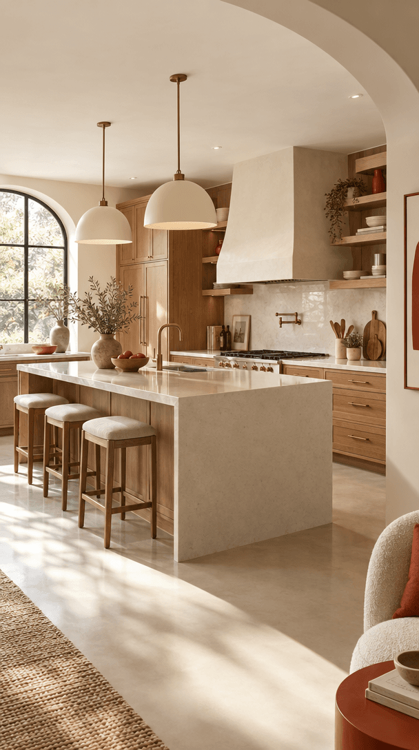 Photorealistic modern kitchen visualization with warm oak and cream stone